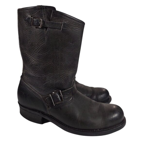 FRYE Men Engineer Boots Size 10M Black Leather Maxitred USA MADE Moto Distressed - Picture 1 of 8